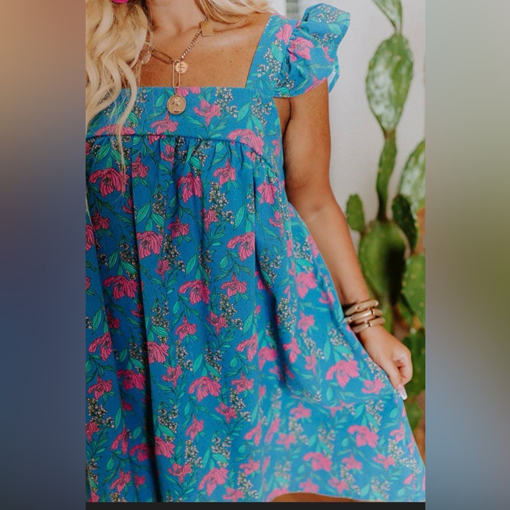 Moon River ruffle strap Women's Size M Blue Lily Babydoll Floral Mini‎ Dress